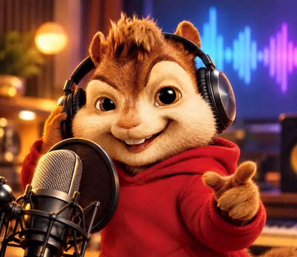 Cheerful cartoon chipmunk in a red sweater