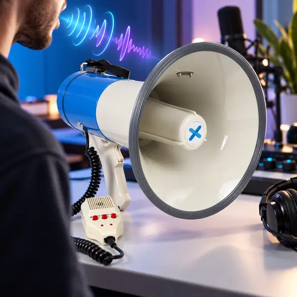Blue and white handheld megaphone