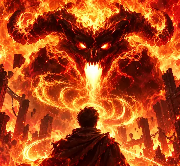 Fiery horned fantasy creature in shadow