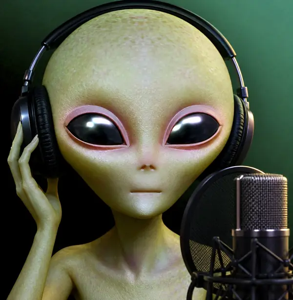 Green alien with large dark eyes