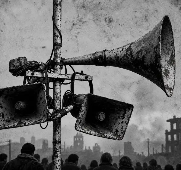 Weathered public-address speakers on a pole